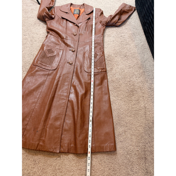 Vintage 70s Caramel Brown Genuine Leather Long Coat Women's Trench Retro 12 Edgy - Picture 8 of 16